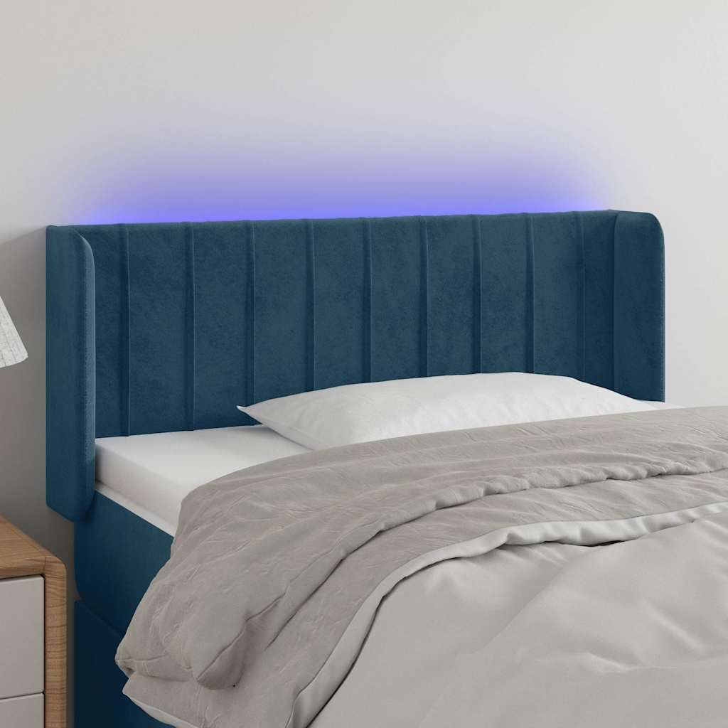sengegavl med LED-lys 83x16x78/88 cm stof Mørkeblå