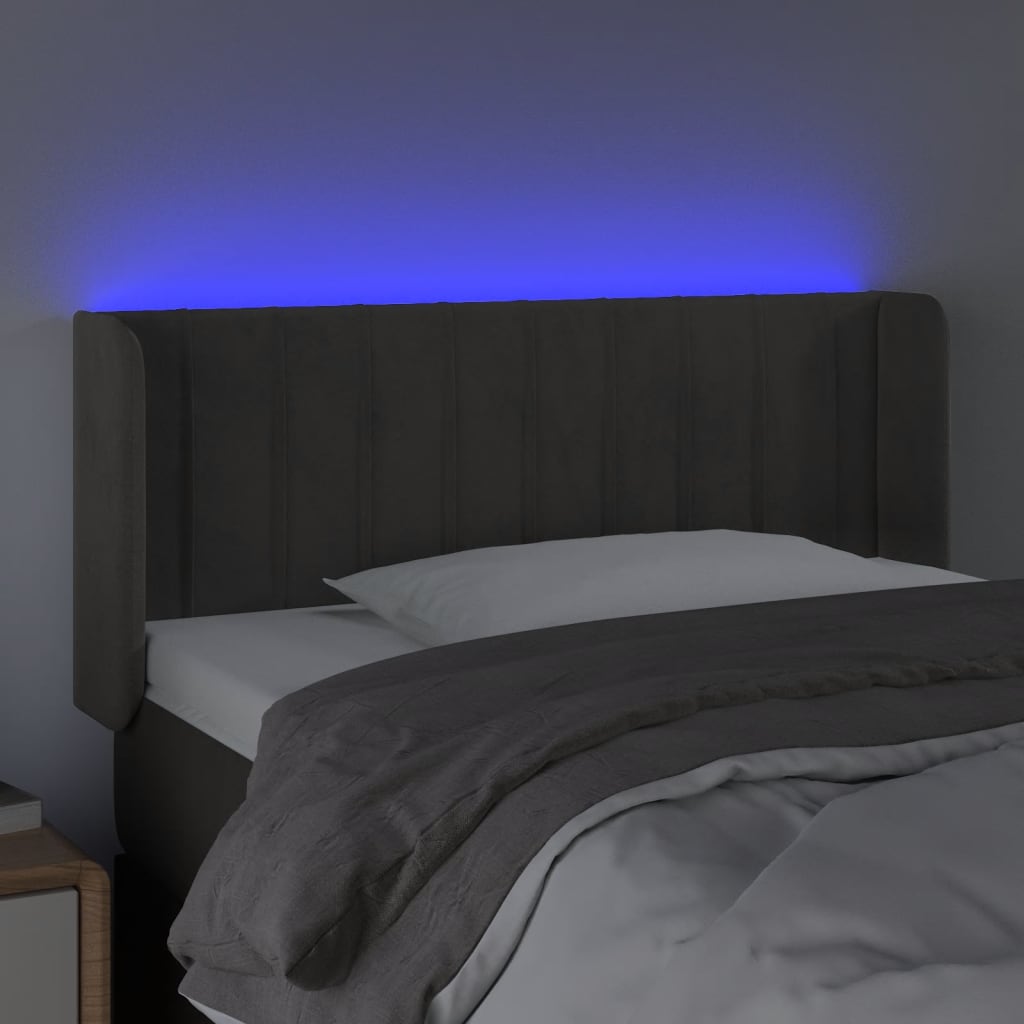 sengegavl med LED-lys 93x16x78/88 cm fløjl mørkegrå