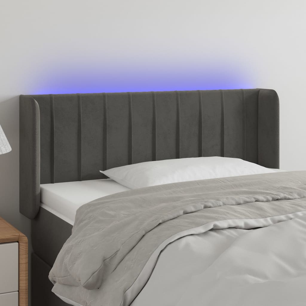 sengegavl med LED-lys 93x16x78/88 cm fløjl mørkegrå