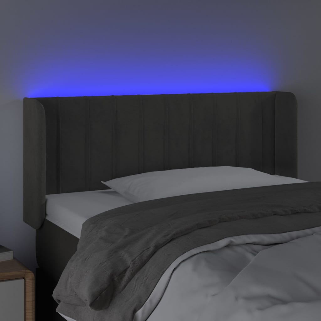 sengegavl med LED-lys 103x16x78/88 cm fløjl mørkegrå