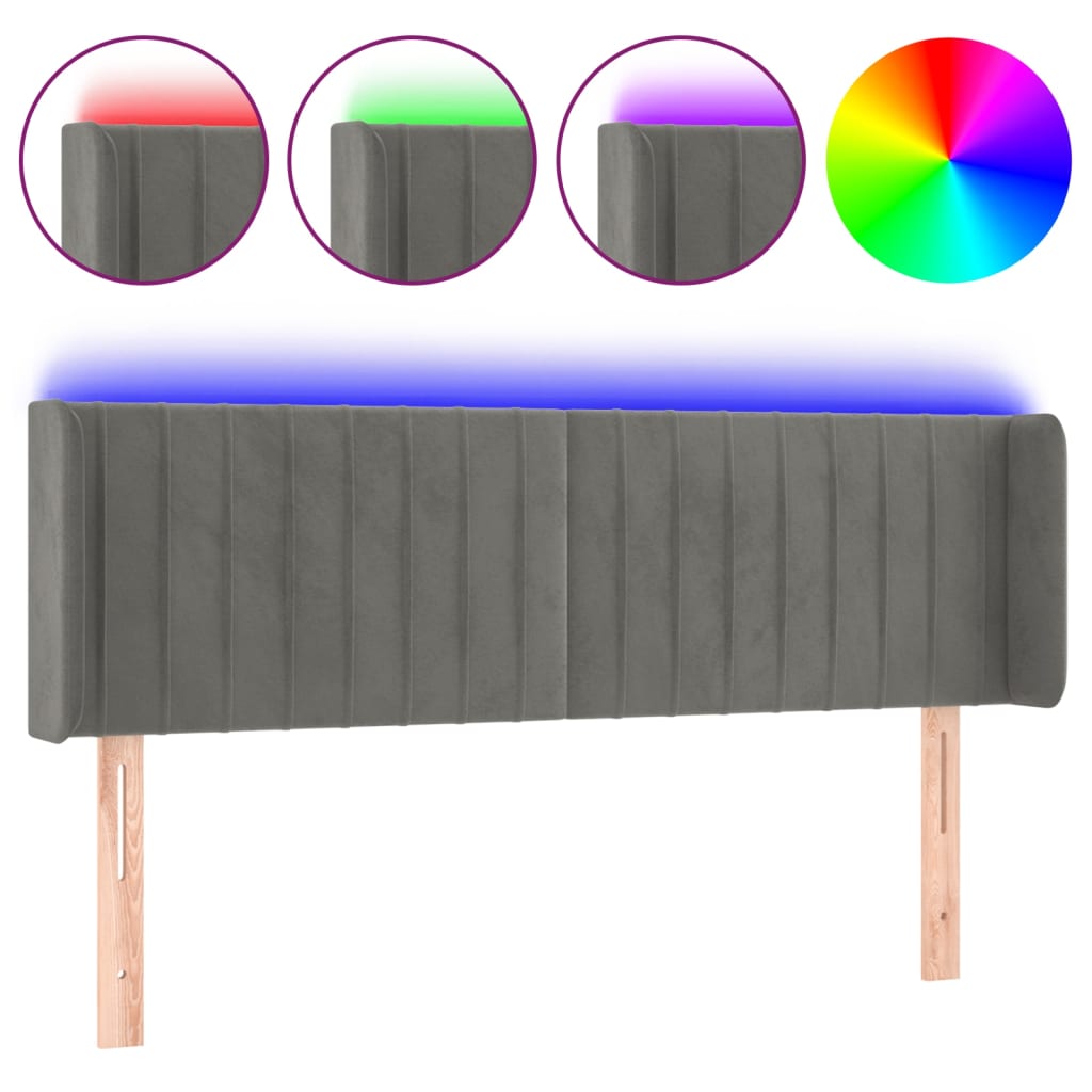 sengegavl med LED-lys 147x16x78/88 cm fløjl lysegrå
