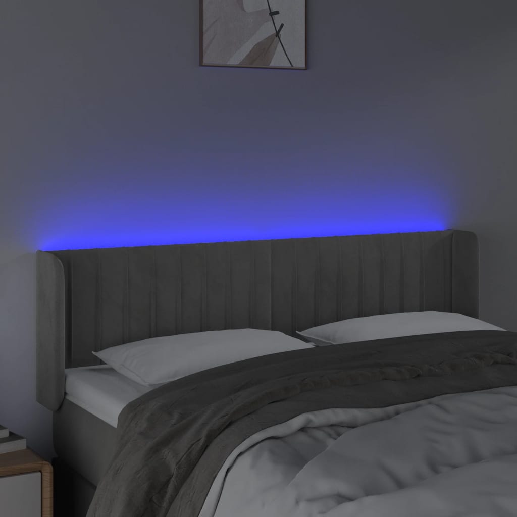 sengegavl med LED-lys 147x16x78/88 cm fløjl lysegrå
