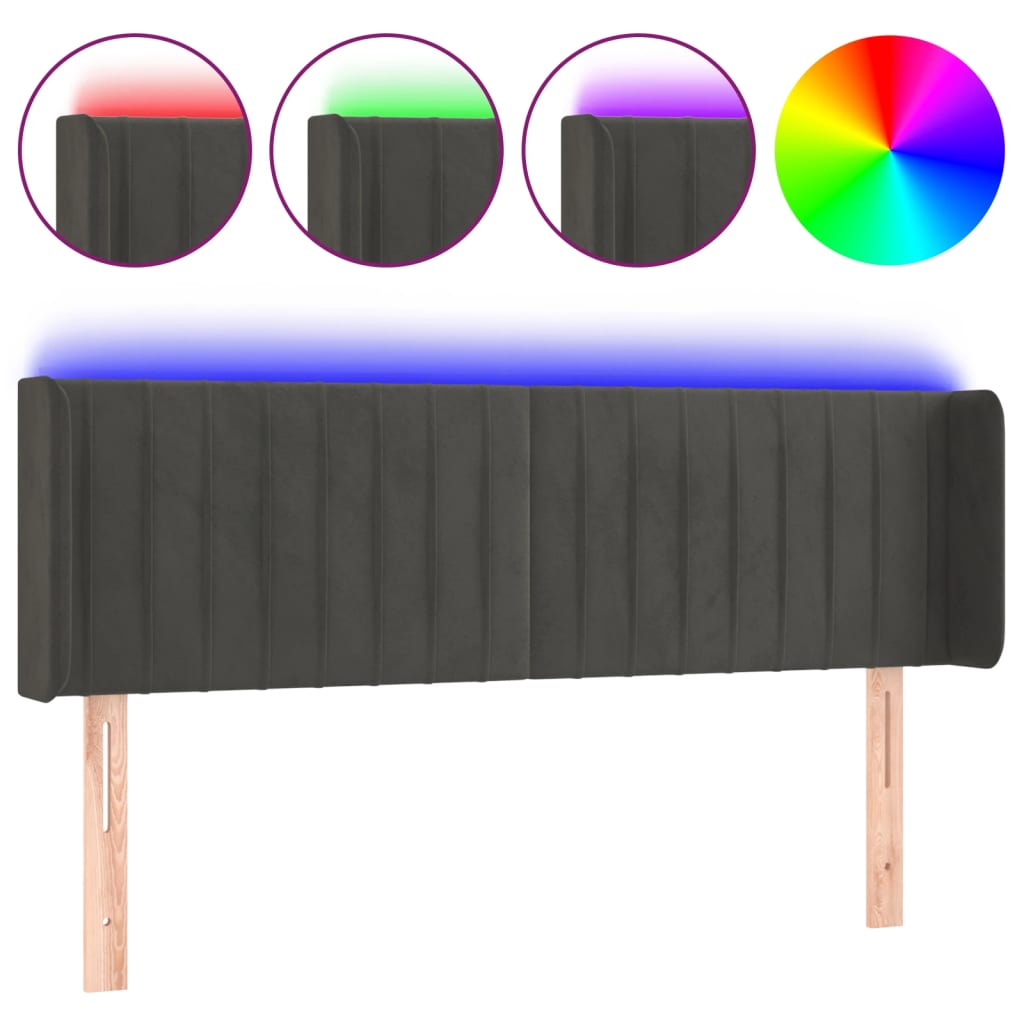 sengegavl med LED-lys 147x16x78/88 cm fløjl mørkegrå