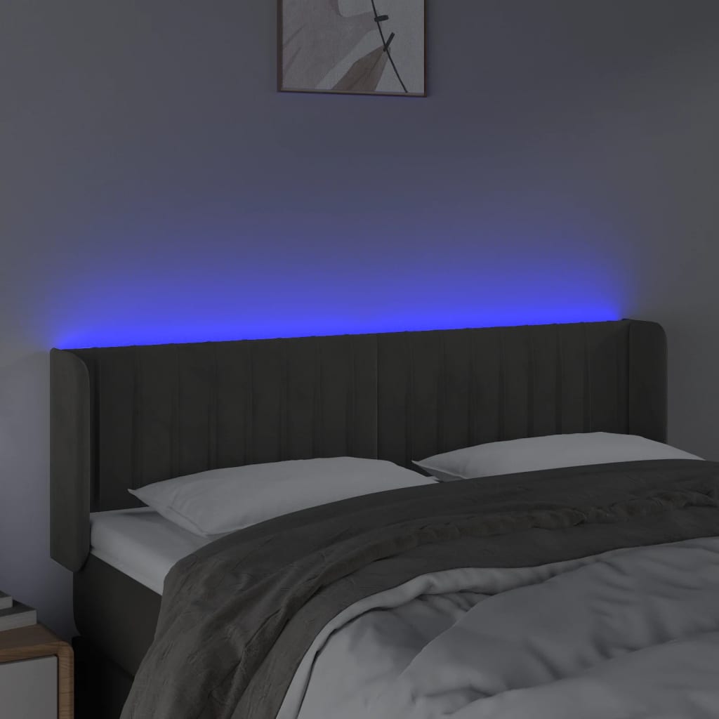 sengegavl med LED-lys 147x16x78/88 cm fløjl mørkegrå
