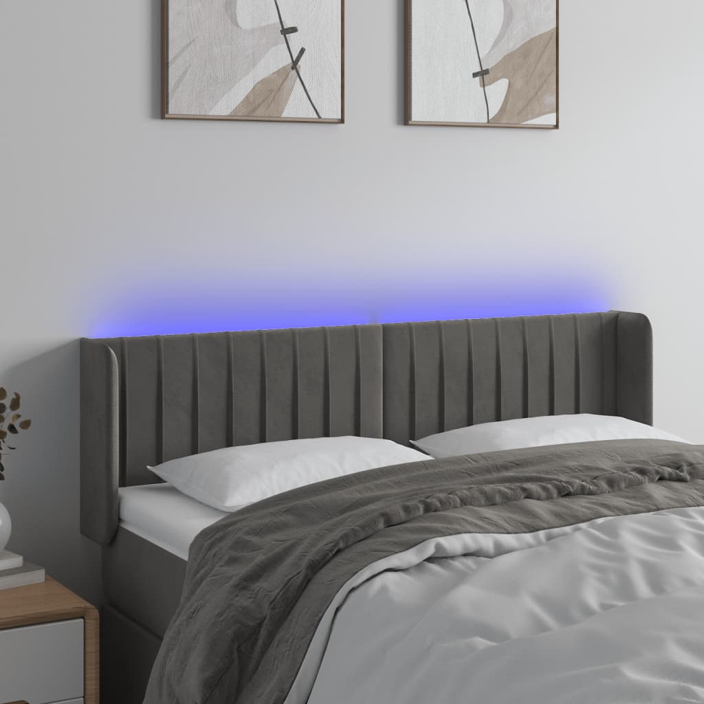 sengegavl med LED-lys 147x16x78/88 cm fløjl mørkegrå