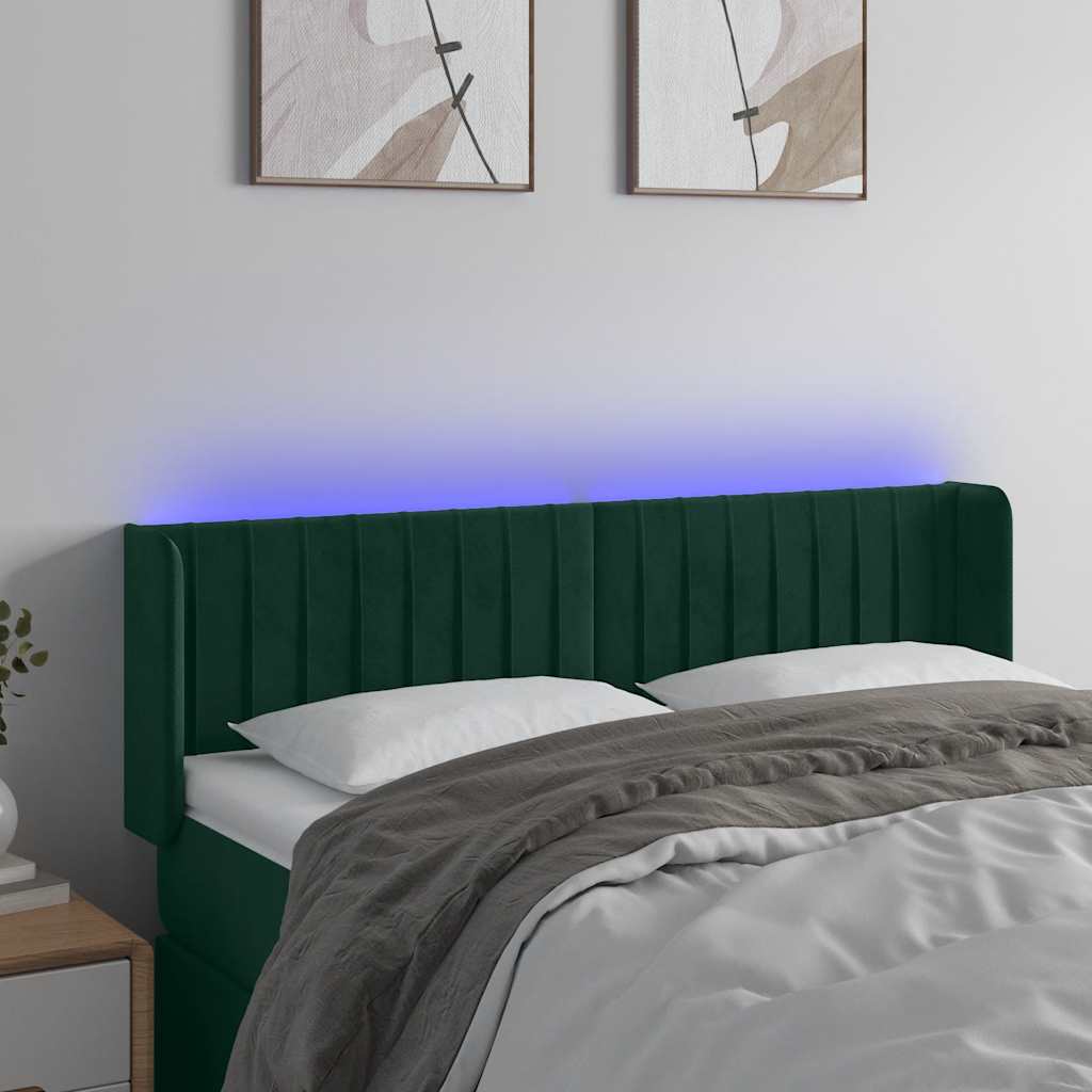 sengegavl med LED-lys 147x16x78/88 cm fløjl mørkegrøn