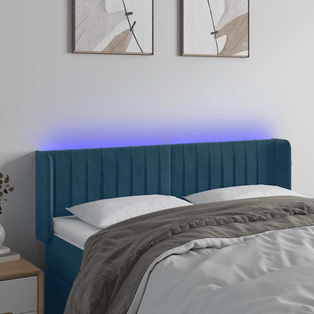 sengegavl med LED-lys 147x16x78/88 cm fløjl mørkeblå