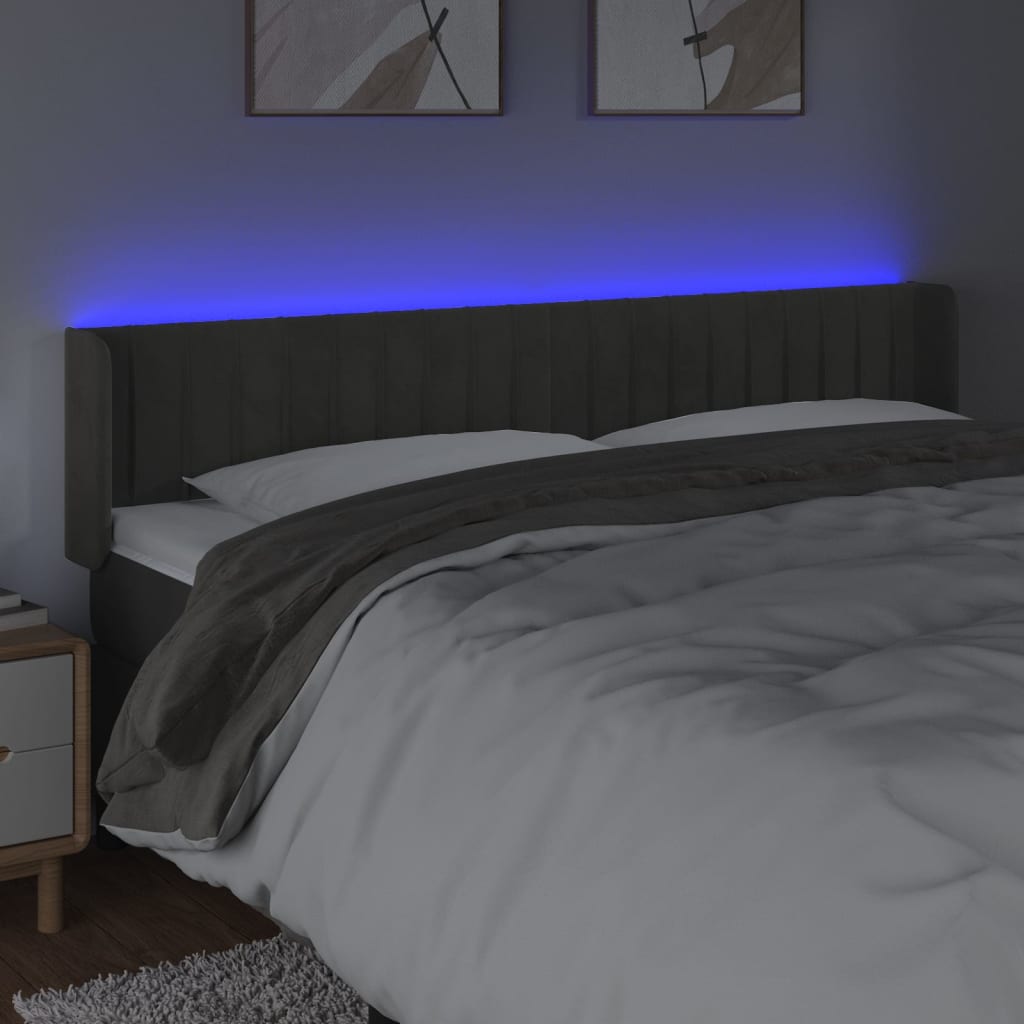 sengegavl med LED-lys 163x16x78/88 cm fløjl mørkegrå
