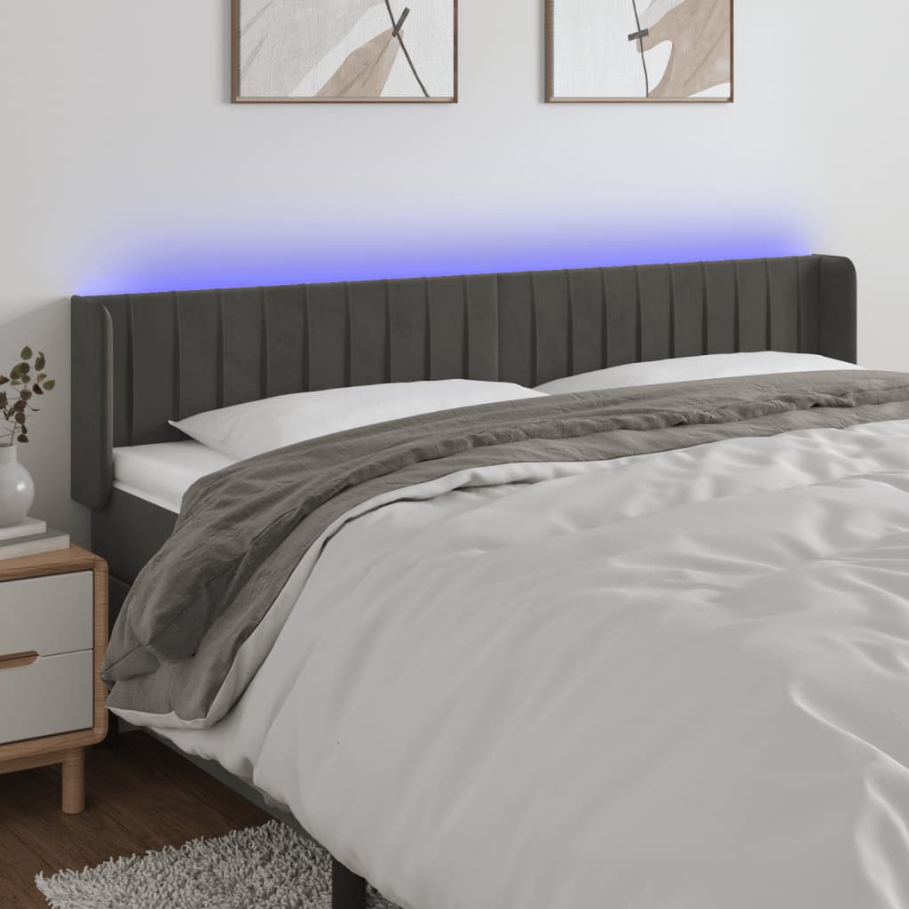 sengegavl med LED-lys 163x16x78/88 cm fløjl mørkegrå