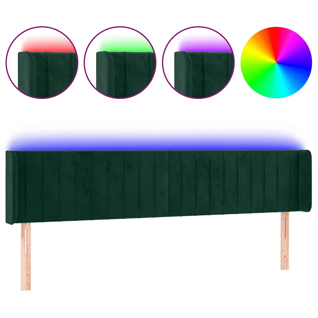 sengegavl med LED-lys 163x16x78/88 cm fløjl mørkegrøn