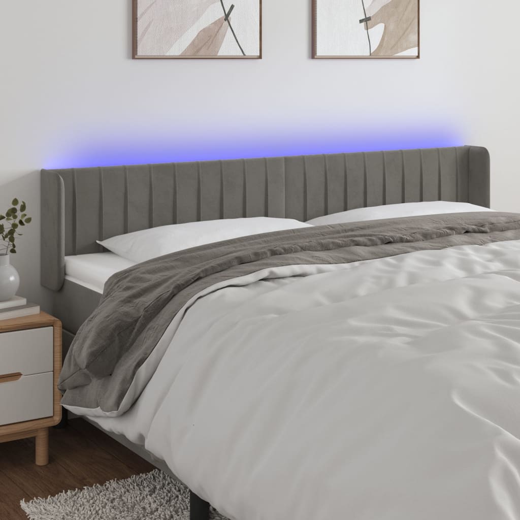 sengegavl med LED-lys 183x16x78/88 cm fløjl lysegrå