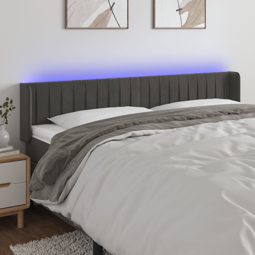 sengegavl med LED-lys 183x16x78/88 cm fløjl mørkegrå