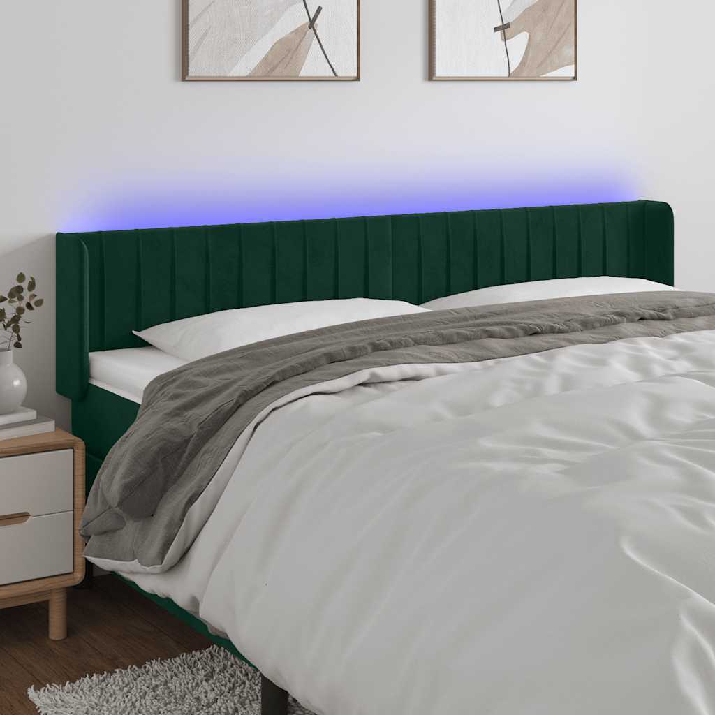 sengegavl med LED-lys 183x16x78/88 cm fløjl mørkegrøn