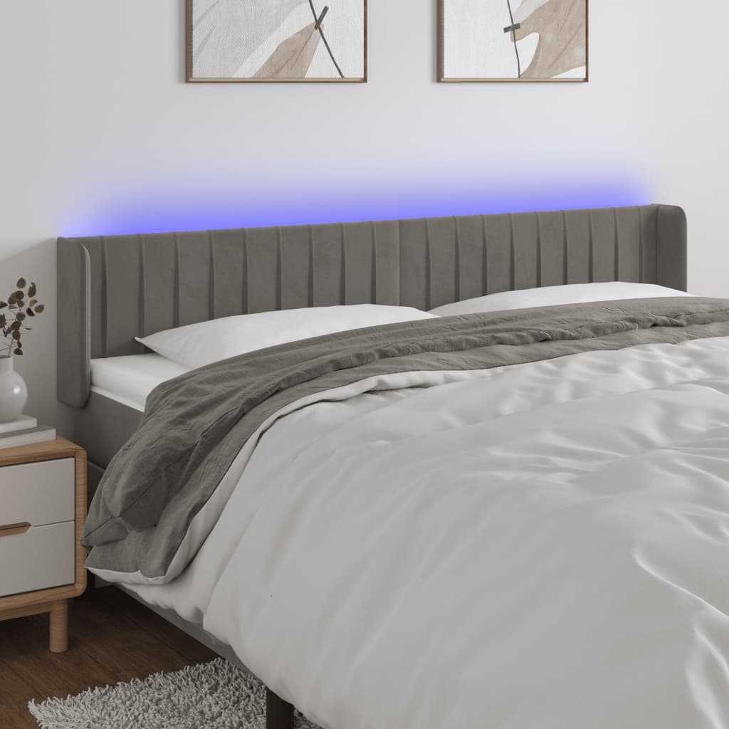 sengegavl med LED-lys 203x16x78/88 cm fløjl lysegrå