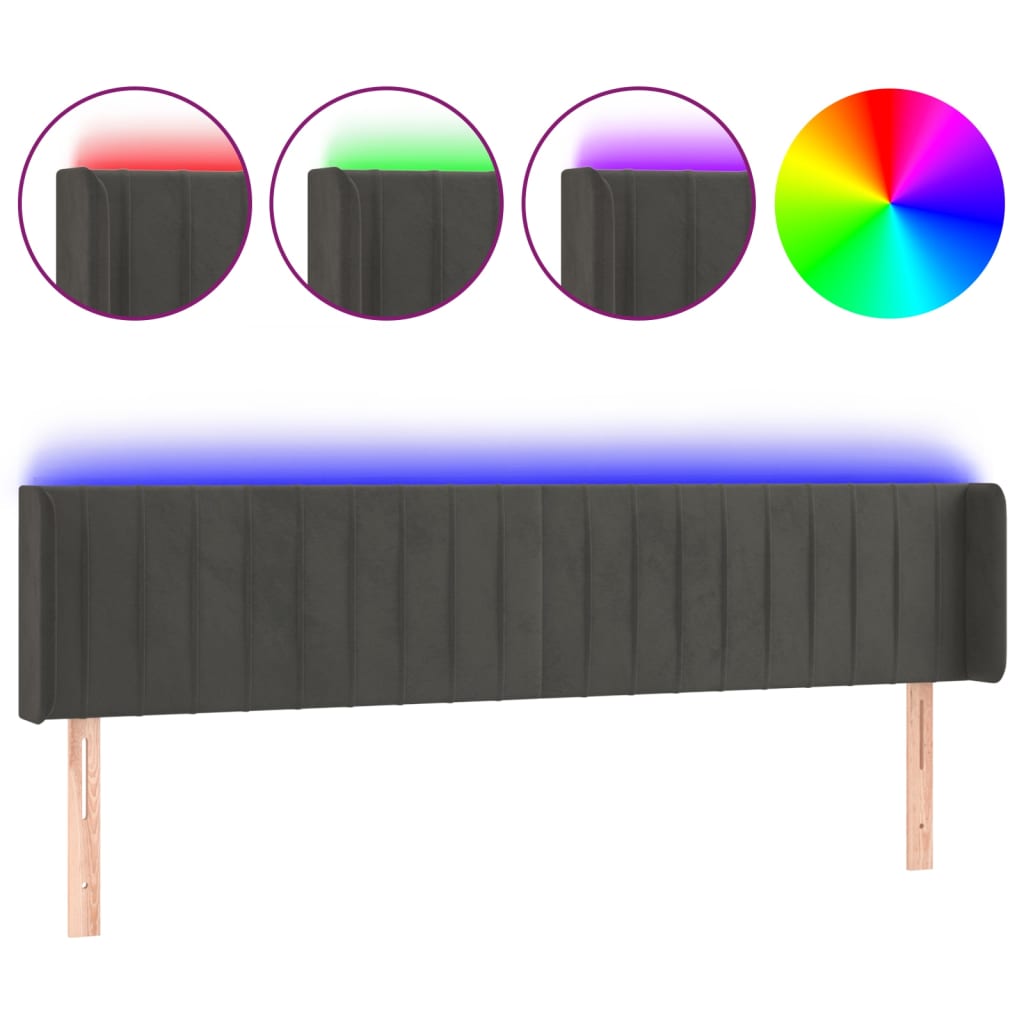 sengegavl med LED-lys 203x16x78/88 cm fløjl mørkegrå