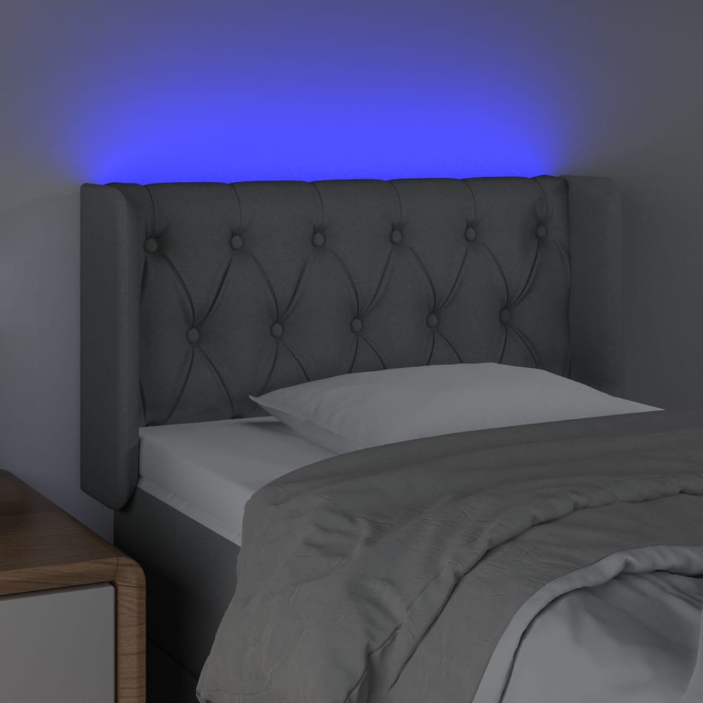 sengegavl med LED-lys 83x16x78/88 cm stof lysegrå