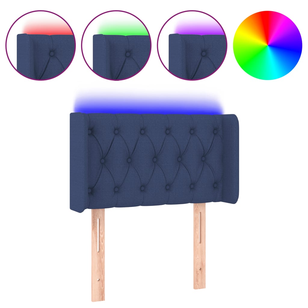 sengegavl med LED-lys 83x16x78/88 cm stof blå
