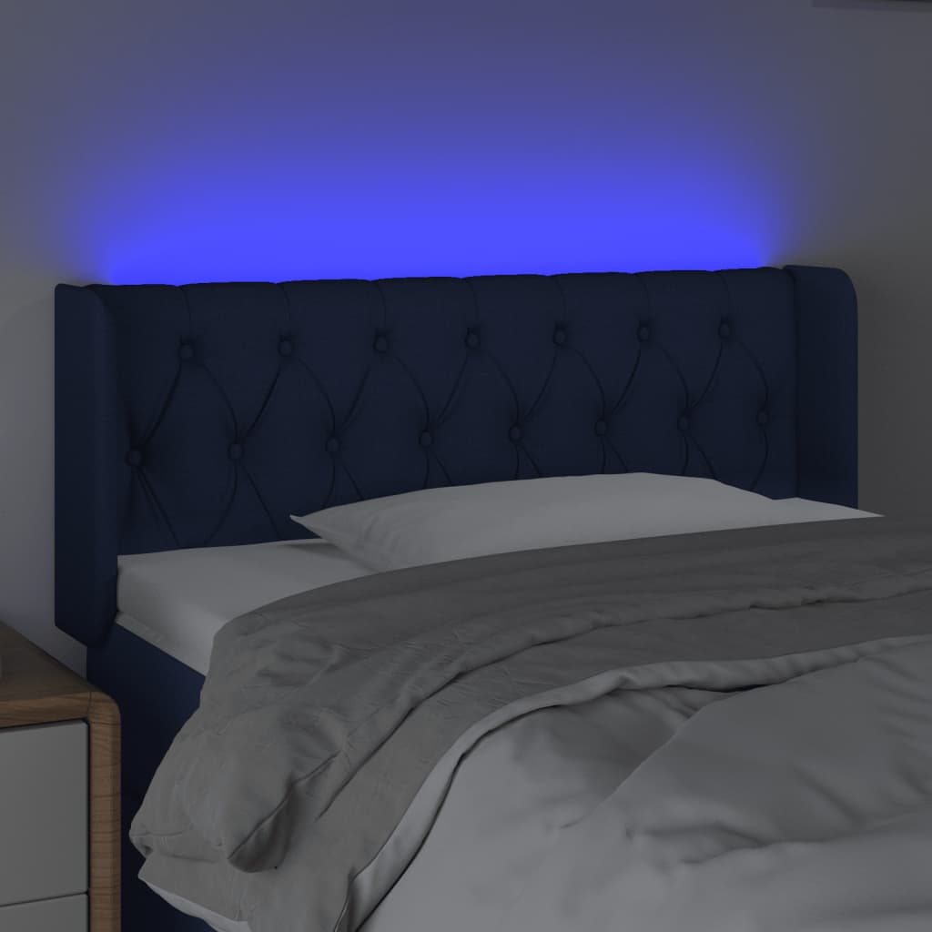 sengegavl med LED-lys 93x16x78/88 cm stof blå