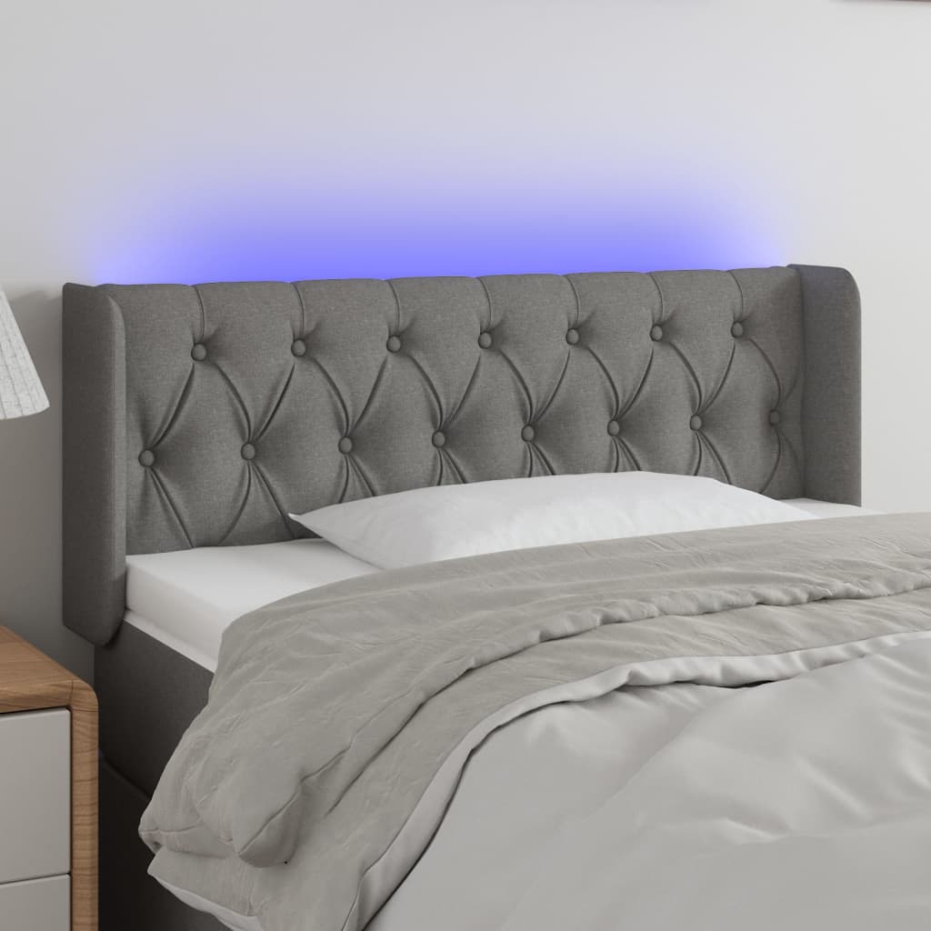 sengegavl med LED-lys 103x16x78/88 cm stof mørkegrå