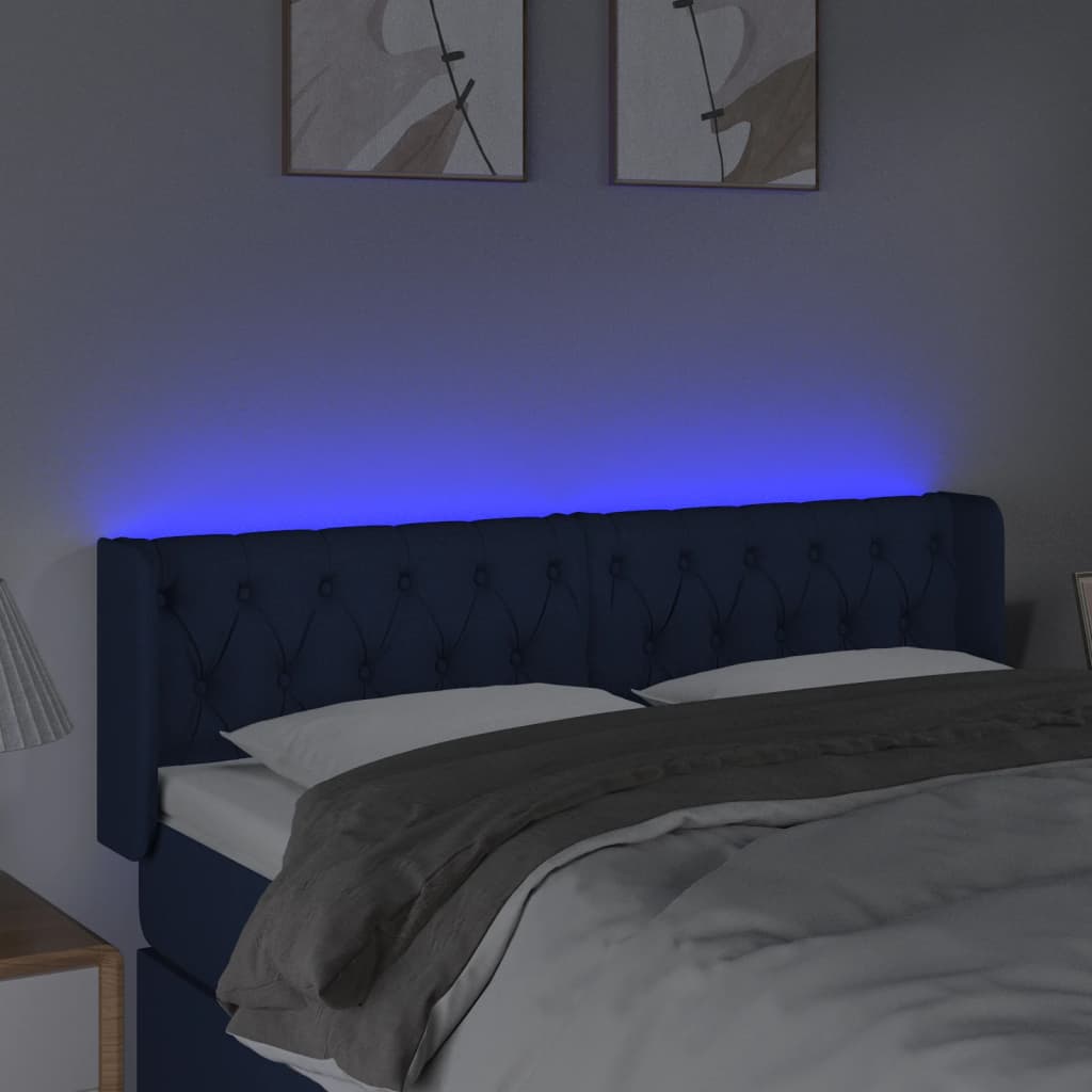 sengegavl med LED-lys 147x16x78/88 cm stof blå
