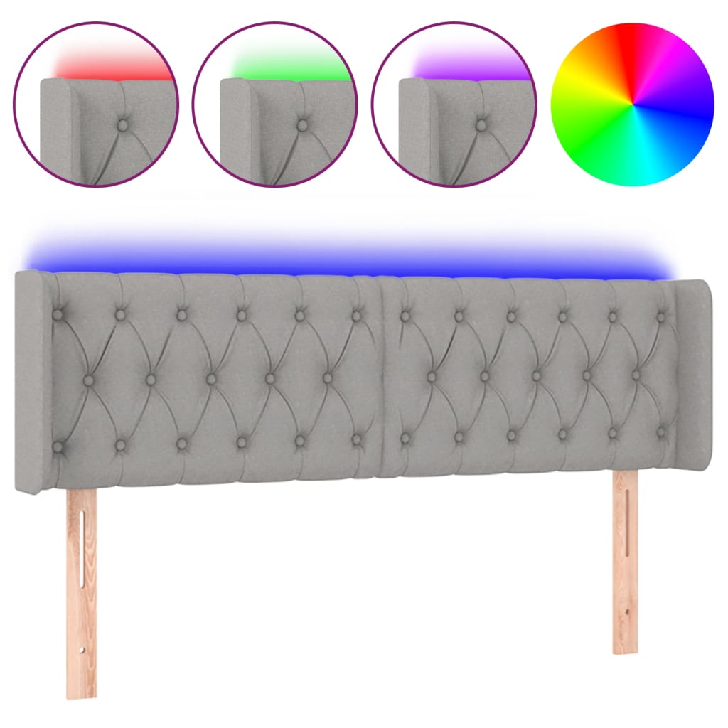 sengegavl med LED-lys 163x16x78/88 cm stof lysegrå
