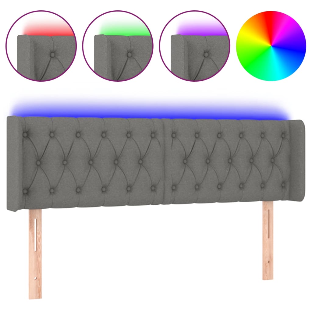 sengegavl med LED-lys 163x16x78/88 cm stof mørkegrå