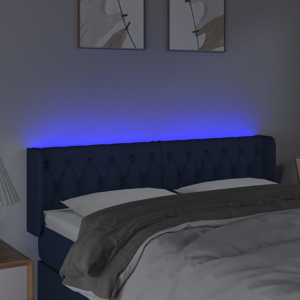sengegavl med LED-lys 163x16x78/88 cm stof blå