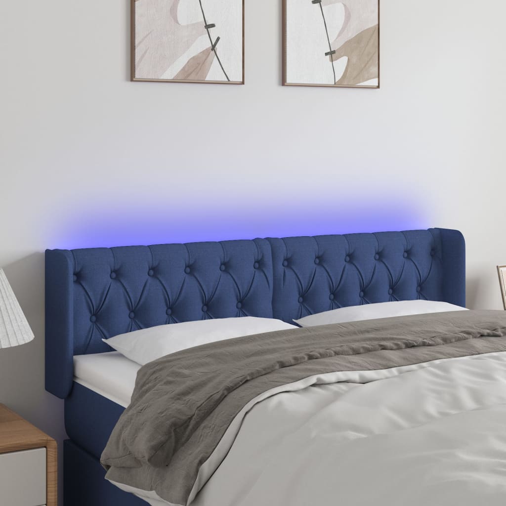 sengegavl med LED-lys 163x16x78/88 cm stof blå