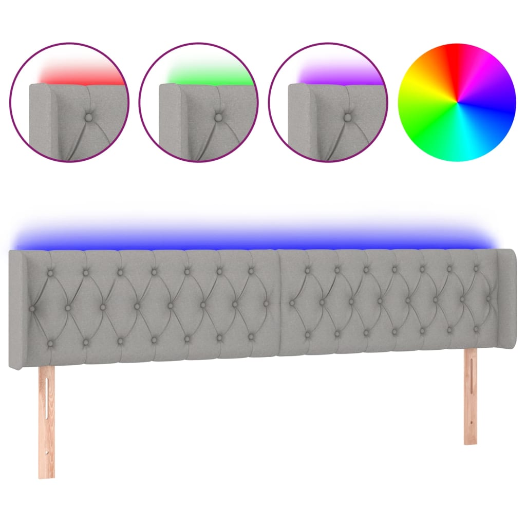 sengegavl med LED-lys 203x16x78/88 cm stof lysegrå