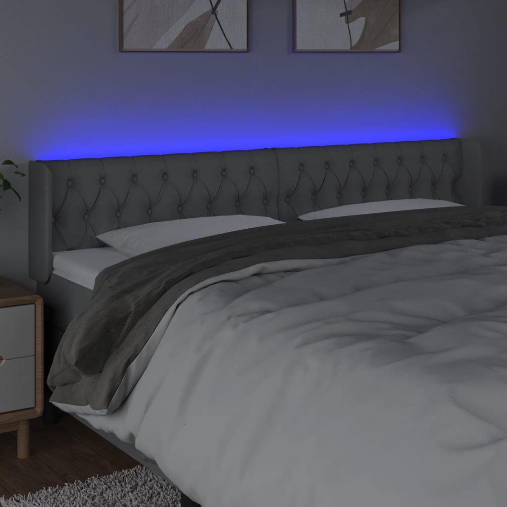 sengegavl med LED-lys 203x16x78/88 cm stof lysegrå