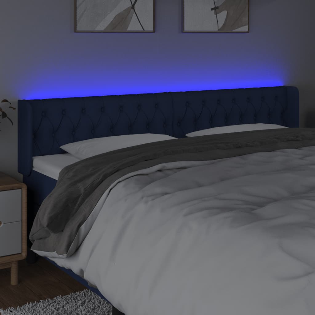 sengegavl med LED-lys 203x16x78/88 cm stof blå