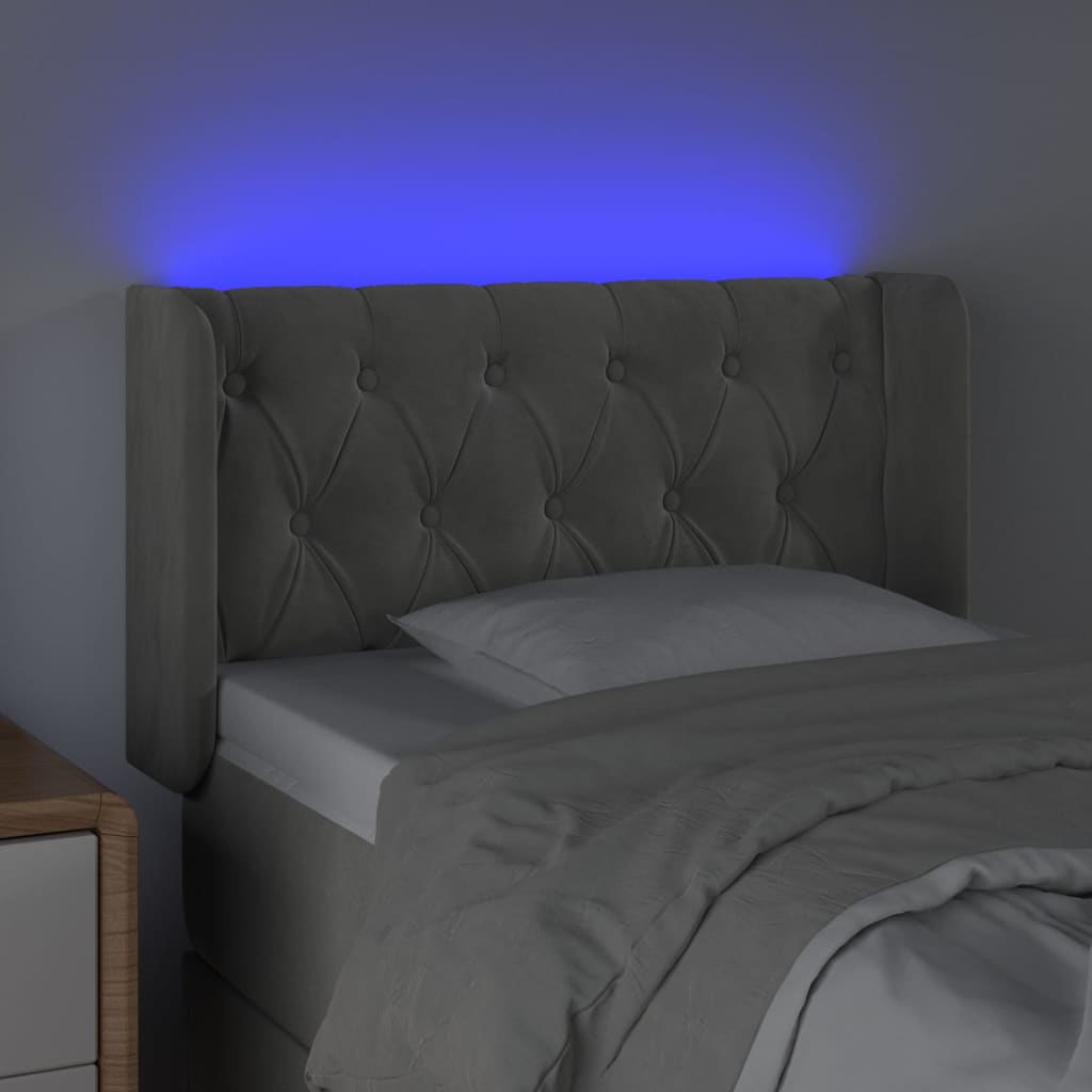 sengegavl med LED-lys 83x16x78/88 cm fløjl lysegrå