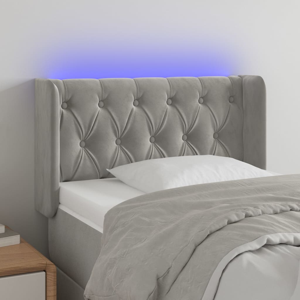 sengegavl med LED-lys 83x16x78/88 cm fløjl lysegrå