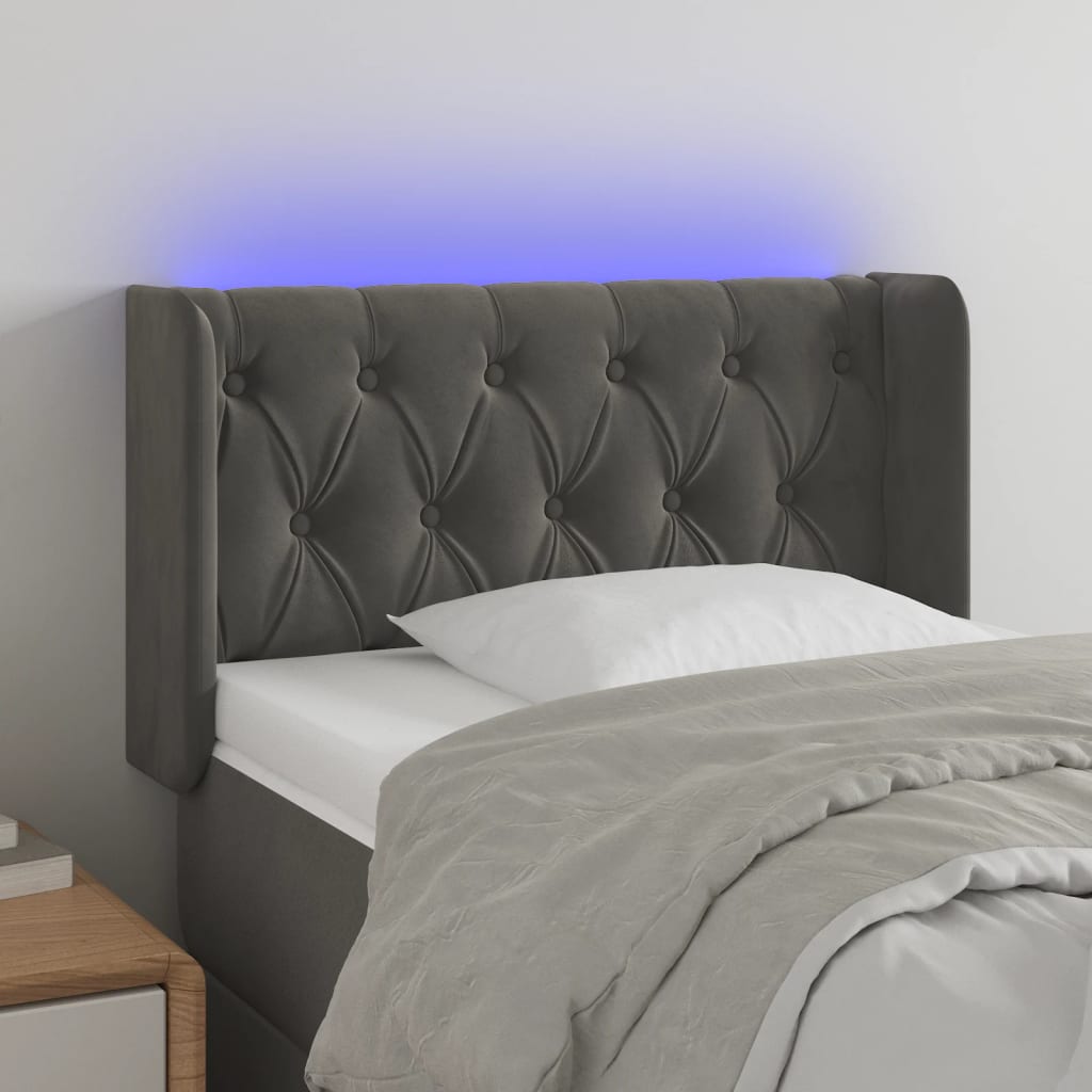 sengegavl med LED-lys 83x16x78/88 cm fløjl mørkegrå