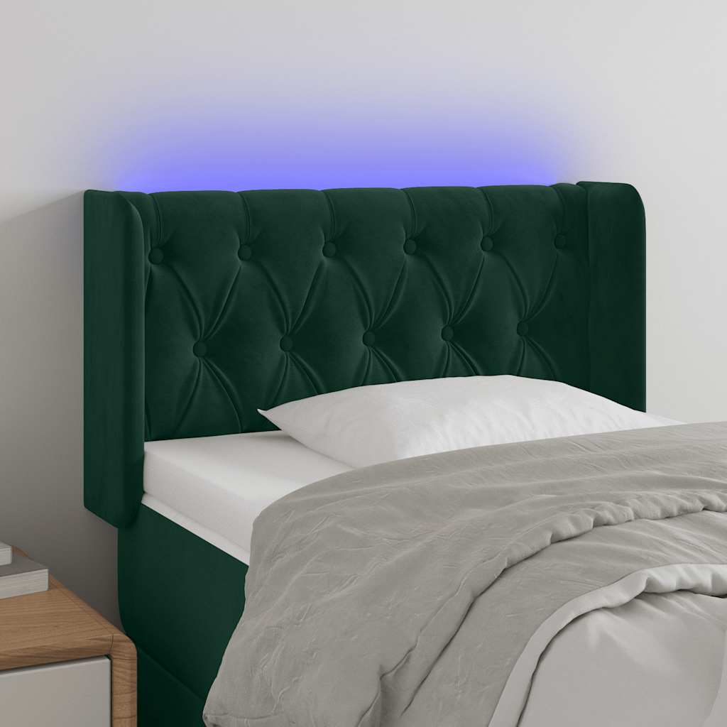 sengegavl med LED-lys 83x16x78/88 cm fløjl Mørkegrøn
