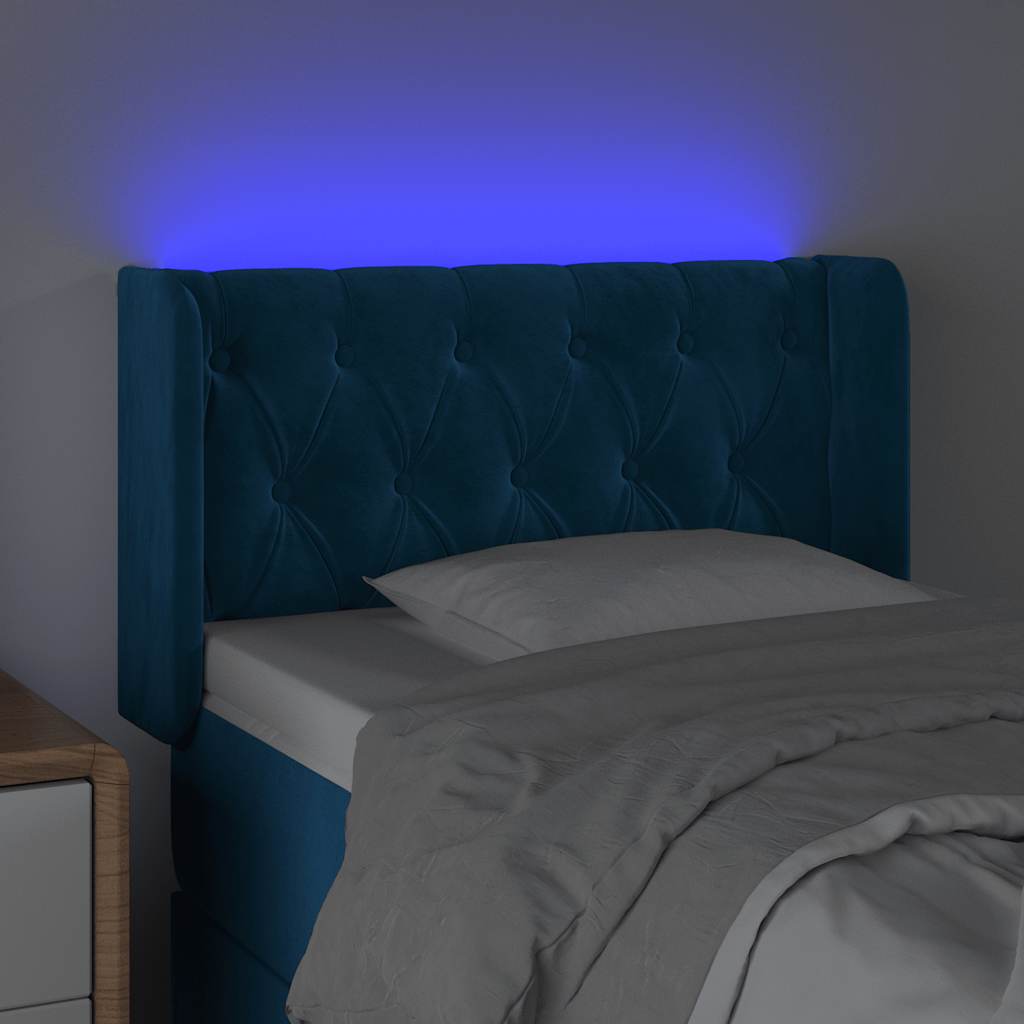 sengegavl med LED-lys 83x16x78/88 cm stof Mørkeblå