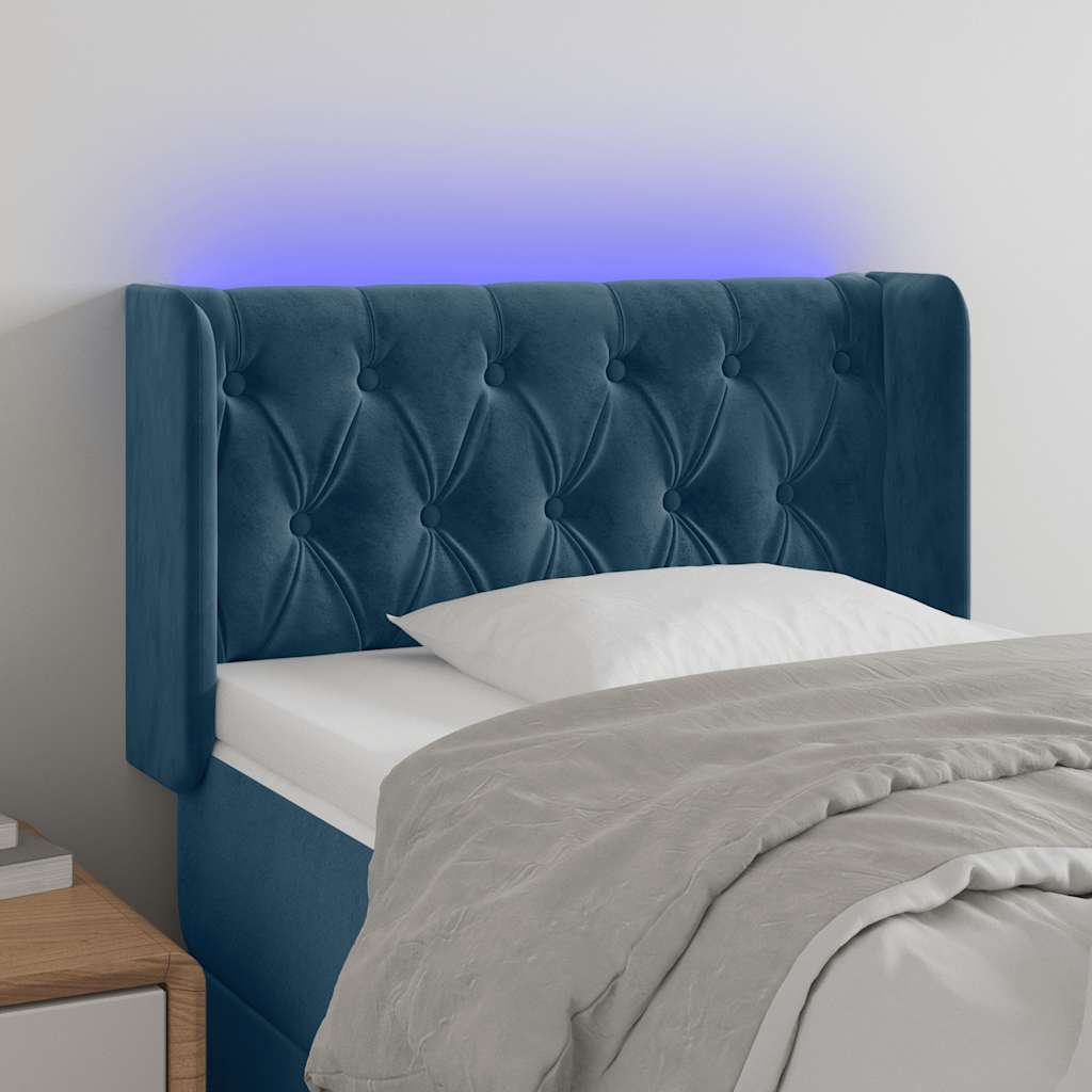 sengegavl med LED-lys 83x16x78/88 cm stof Mørkeblå