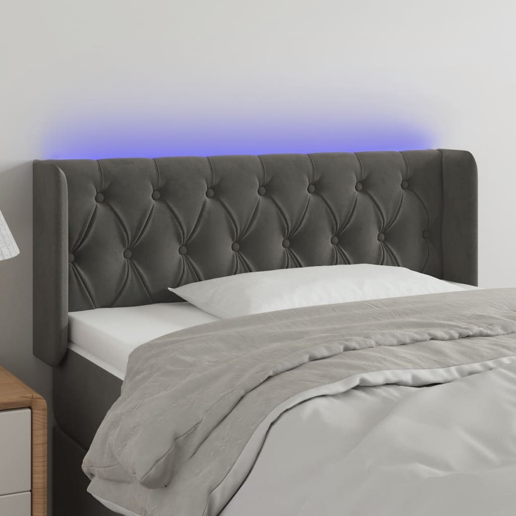 sengegavl med LED-lys 93x16x78/88 cm fløjl mørkegrå
