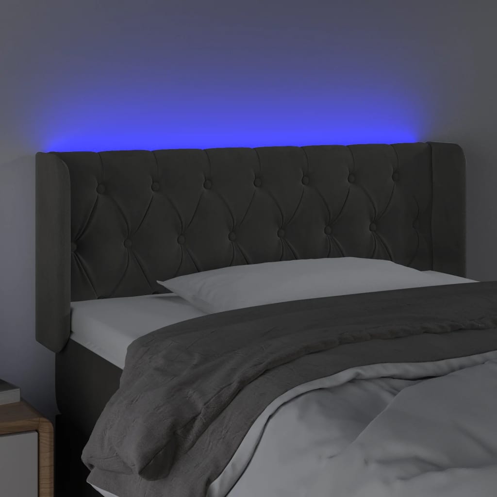 sengegavl med LED-lys 103x16x78/88 cm fløjl mørkegrå
