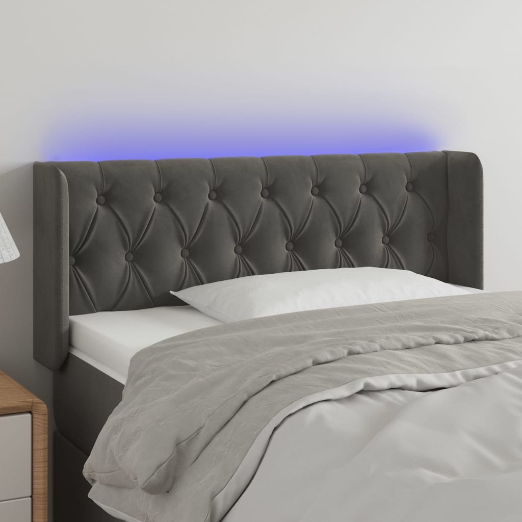 sengegavl med LED-lys 103x16x78/88 cm fløjl mørkegrå