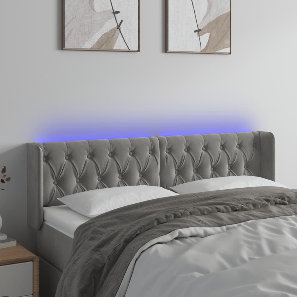 sengegavl med LED-lys 147x16x78/88 cm fløjl lysegrå