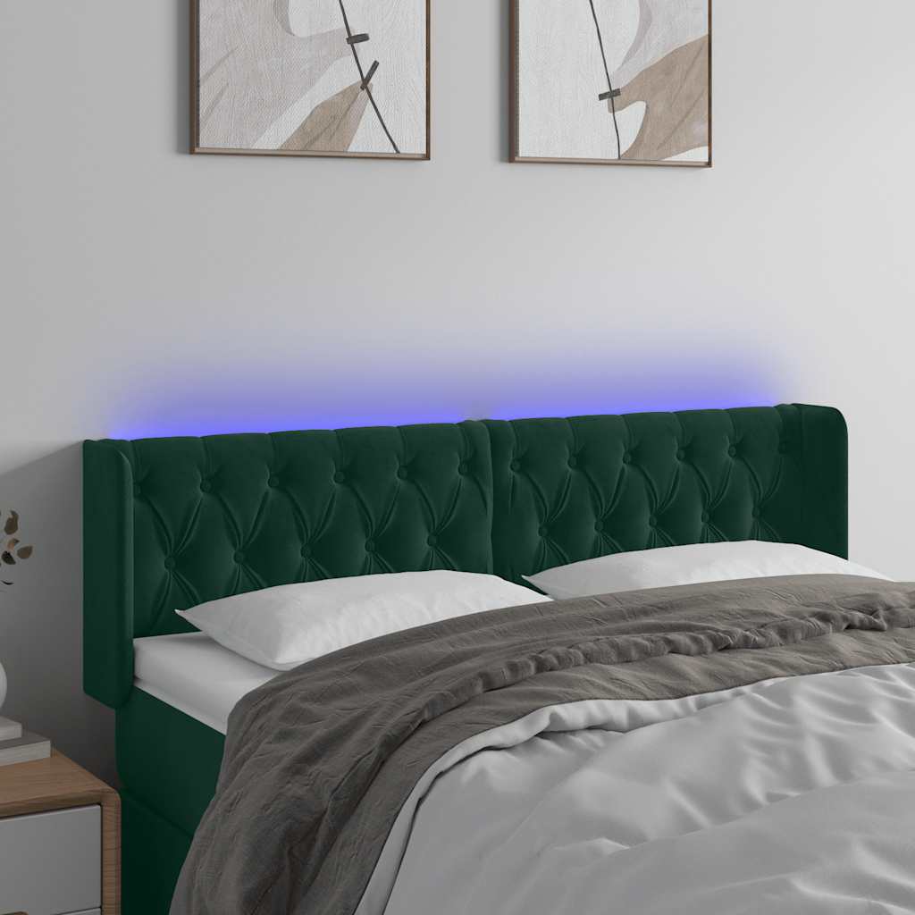 sengegavl med LED-lys 147x16x78/88 cm fløjl mørkegrøn