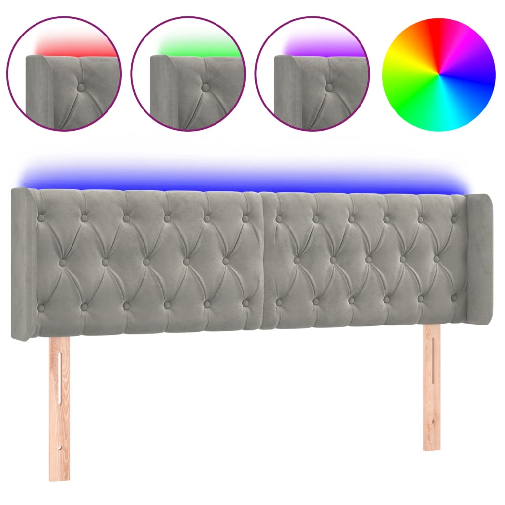 sengegavl med LED-lys 163x16x78/88 cm fløjl lysegrå