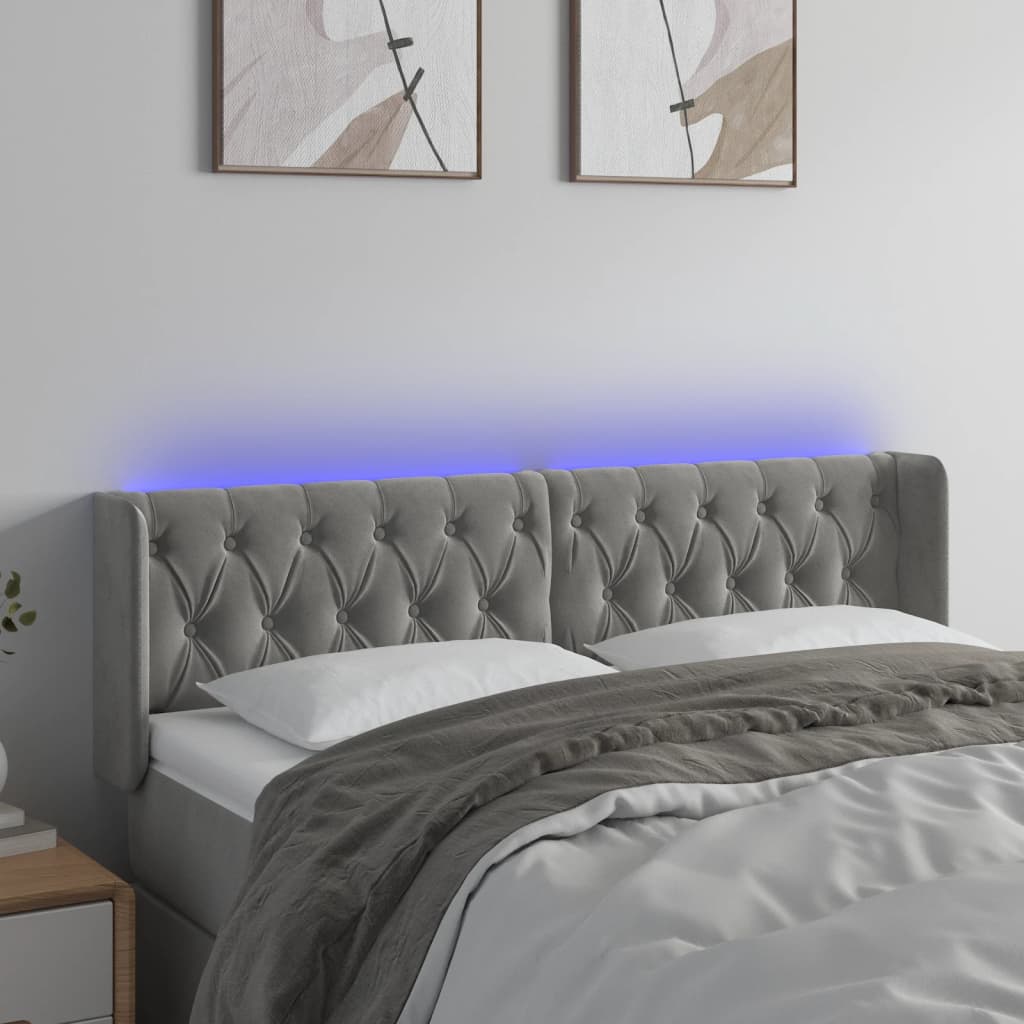 sengegavl med LED-lys 163x16x78/88 cm fløjl lysegrå