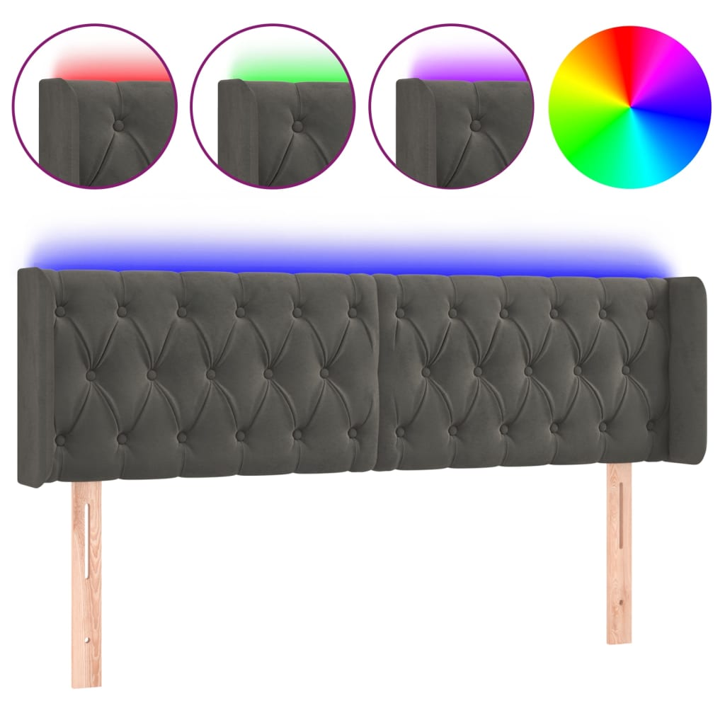 sengegavl med LED-lys 163x16x78/88 cm fløjl mørkegrå