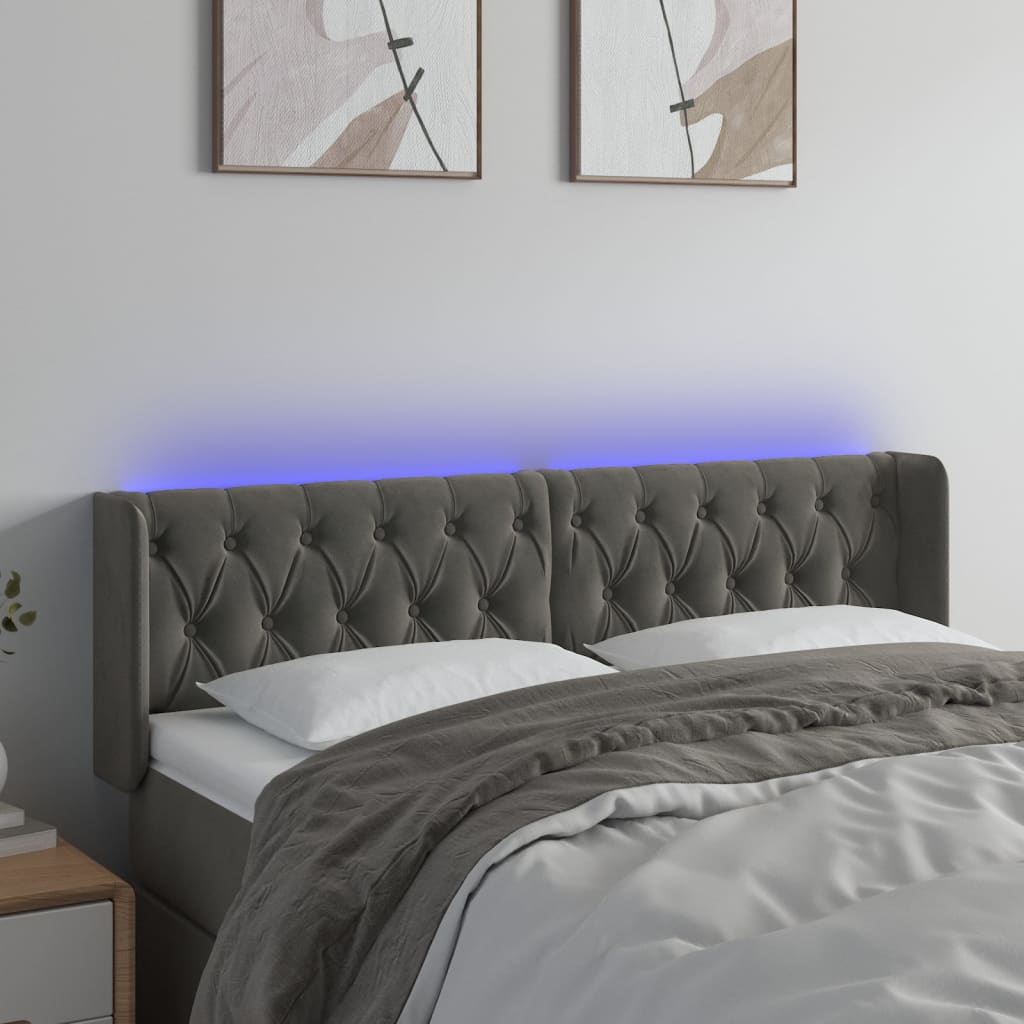 sengegavl med LED-lys 163x16x78/88 cm fløjl mørkegrå
