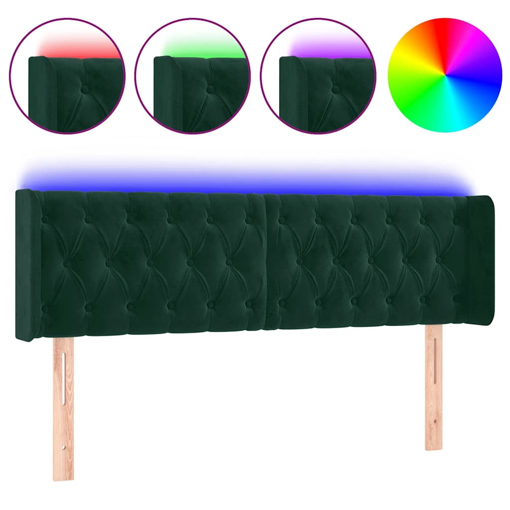 sengegavl med LED-lys 163x16x78/88 cm fløjl mørkegrøn