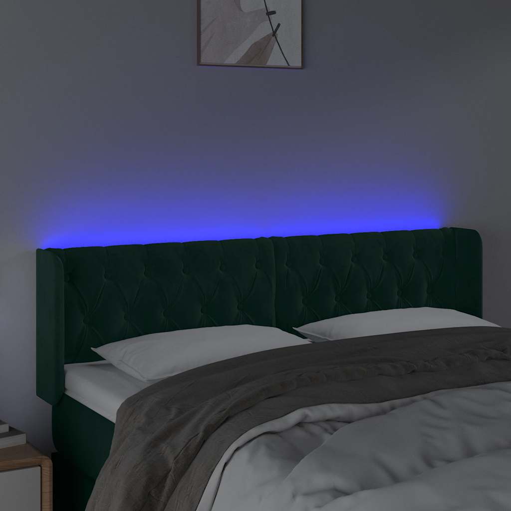sengegavl med LED-lys 163x16x78/88 cm fløjl mørkegrøn