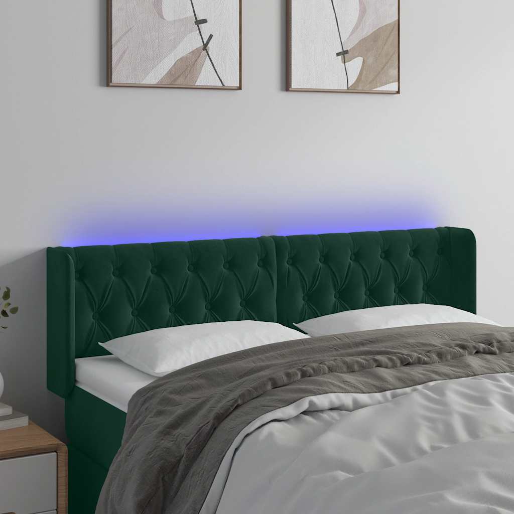 sengegavl med LED-lys 163x16x78/88 cm fløjl mørkegrøn