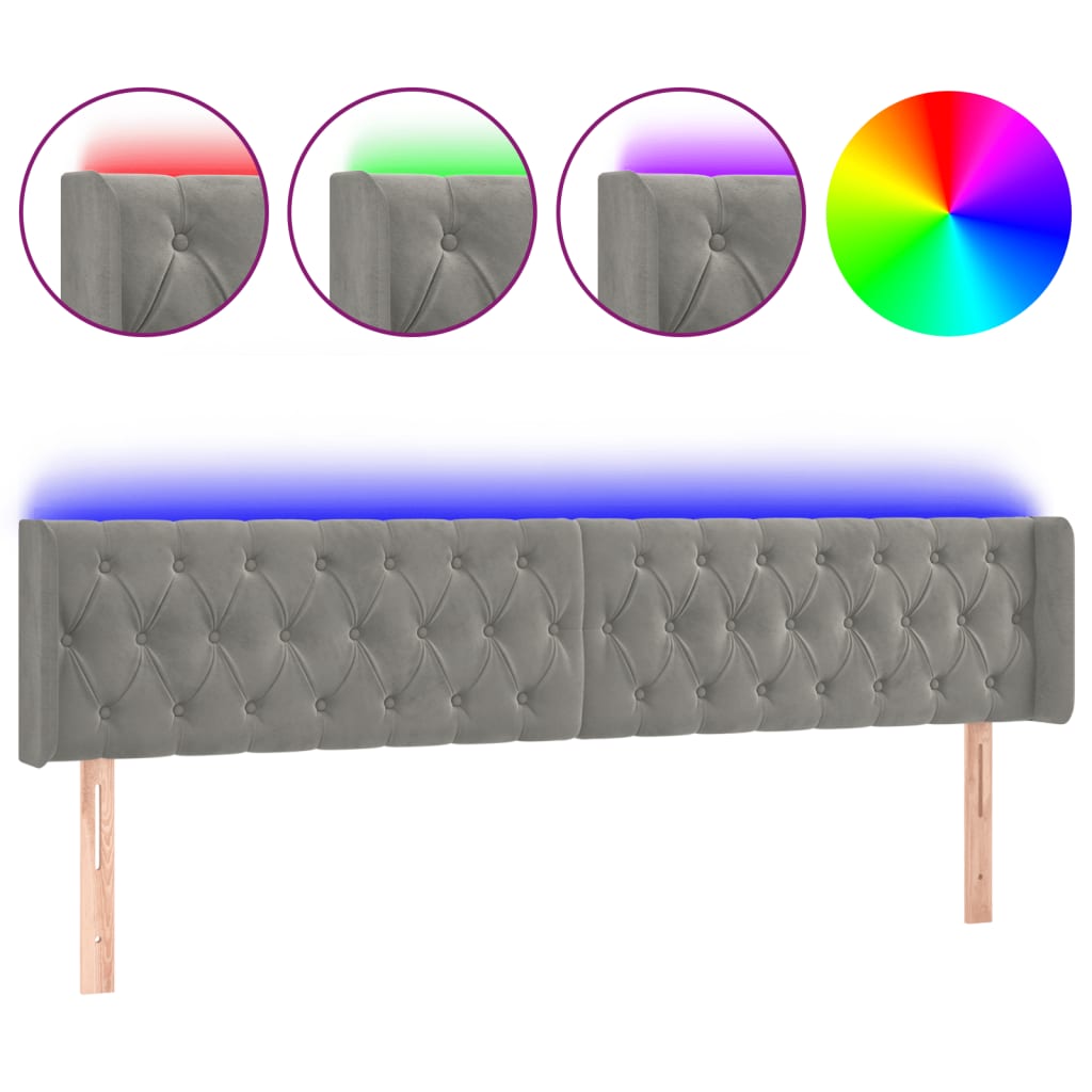sengegavl med LED-lys 183x16x78/88 cm fløjl lysegrå